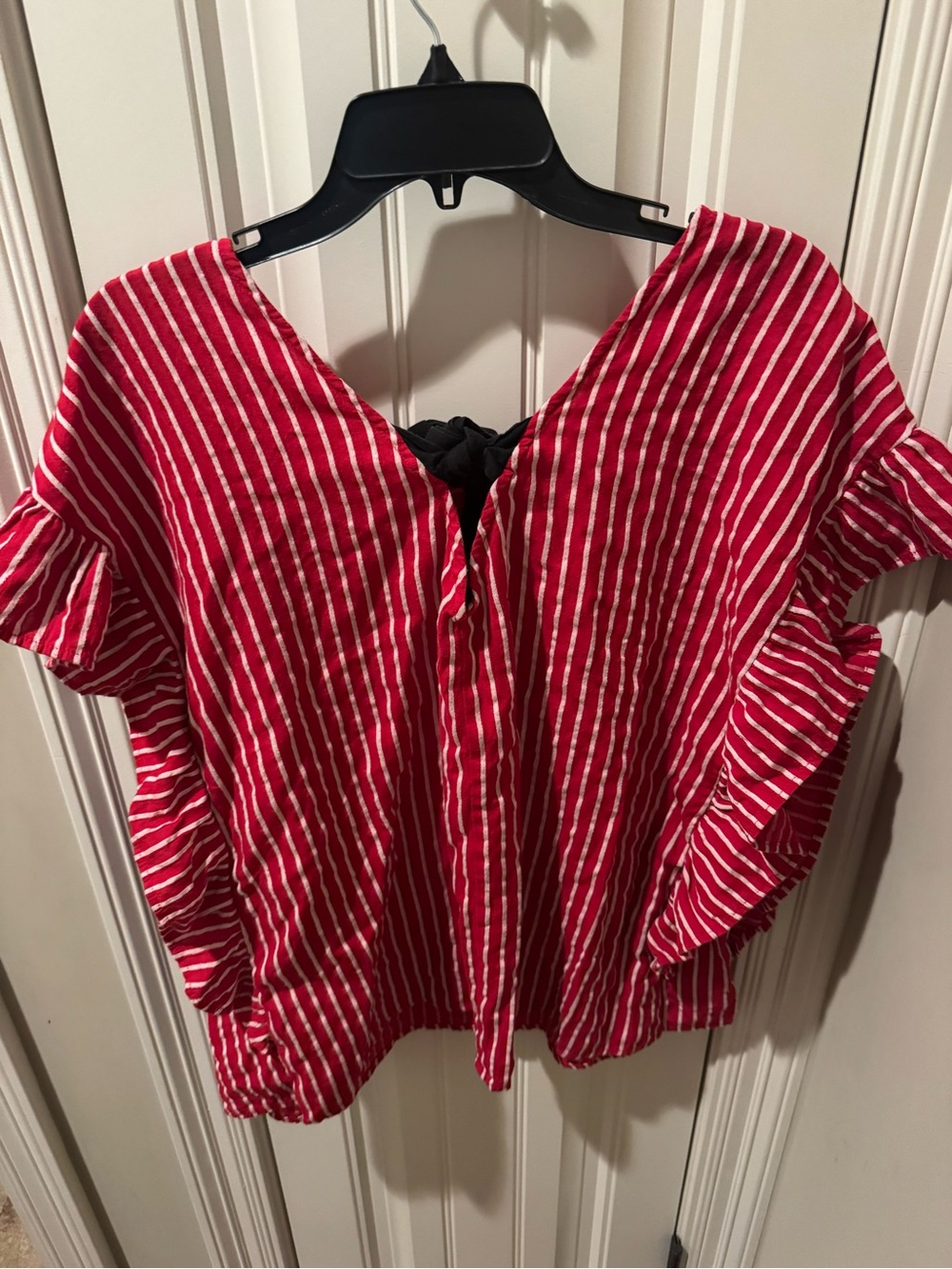 Eloquii Red and White Striped Ruffle-Sleeve Blouse